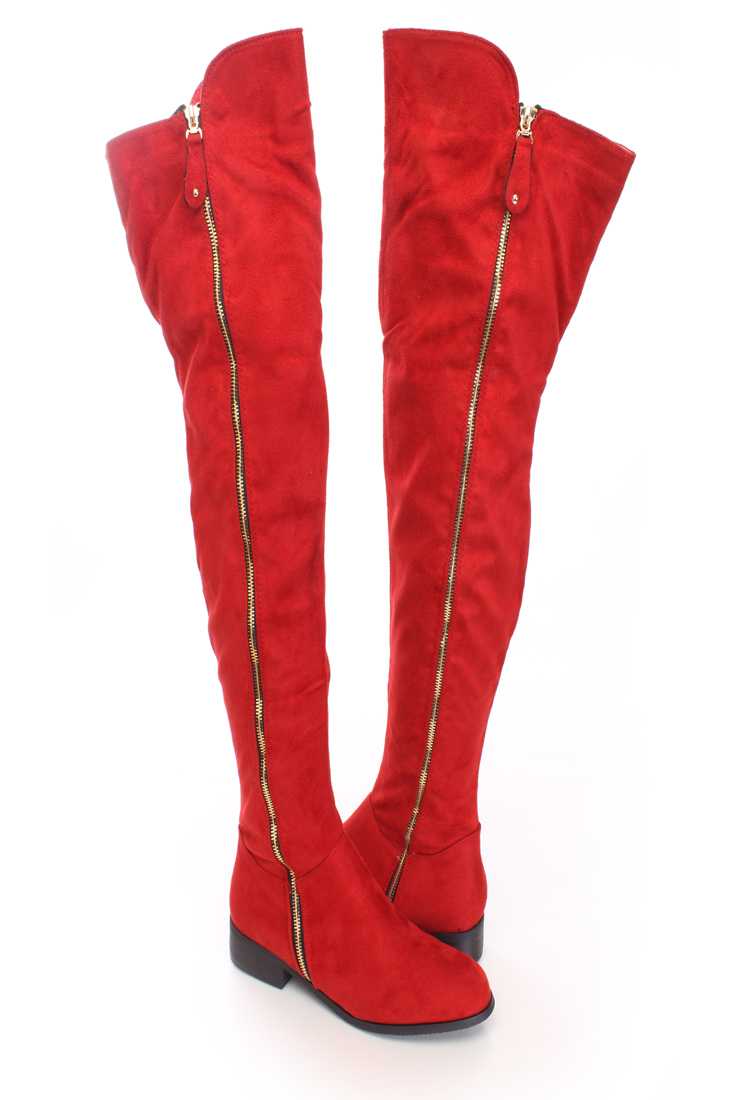 Red Thigh High Zipper Boots Faux Suede