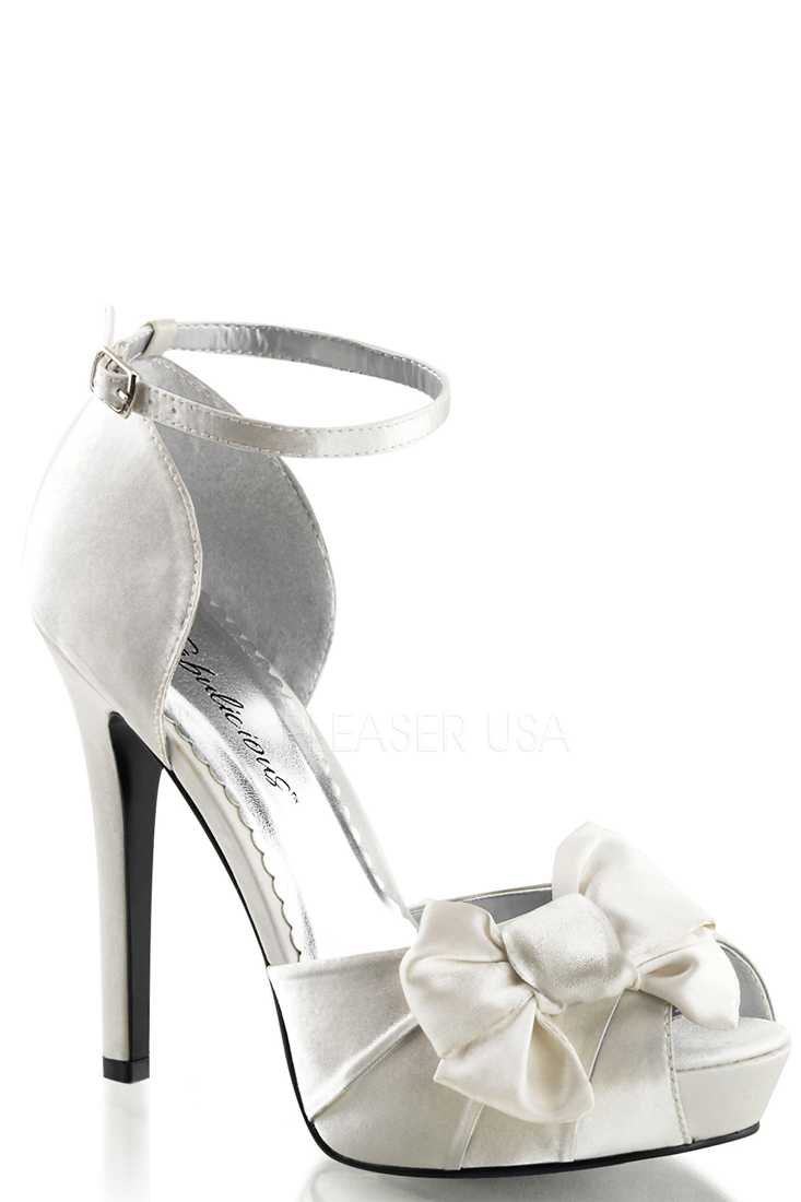 Ivory Bow Accent Peep Toe High Heels Satin