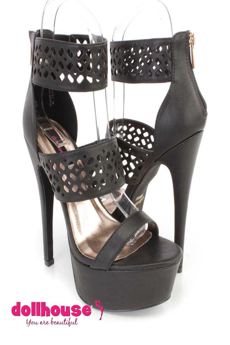 Black Perforated Strappy Platform 6 Inch High Heels Faux Leather