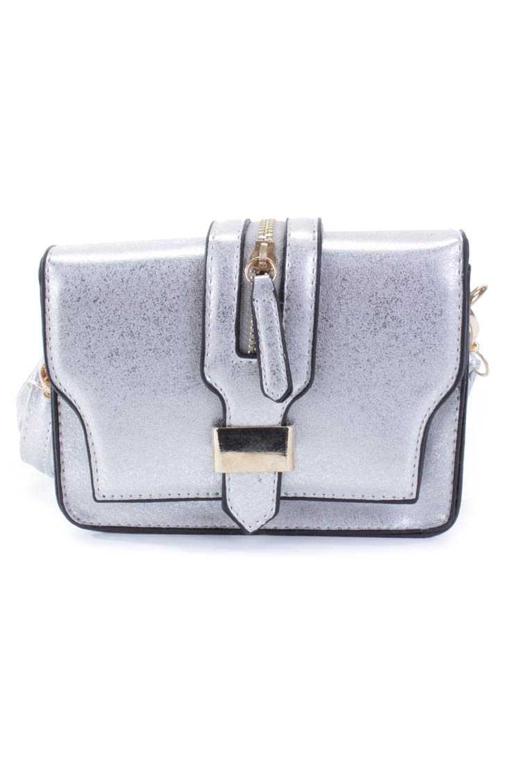 Silver Faux Leather Zipper Accent Handbag