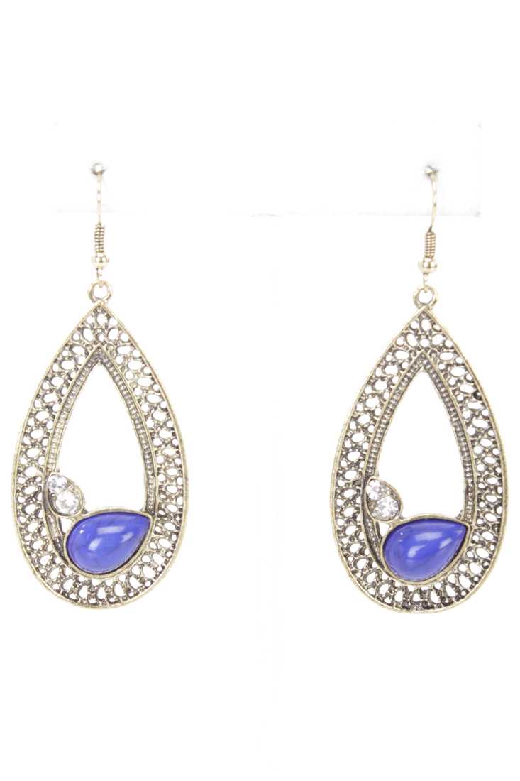 Blue Gold Intricate Beaded Tear Drop Earrings