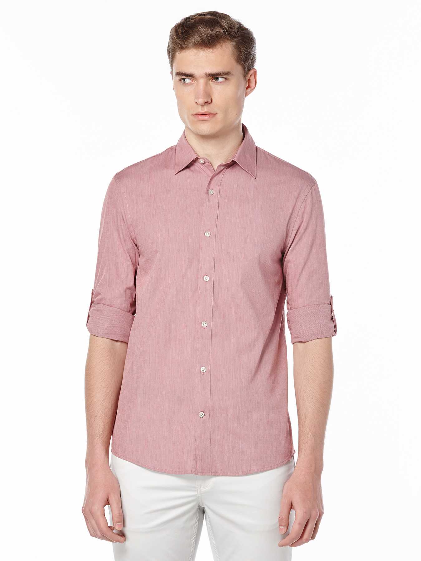 Perry Ellis Slim Fit End on End Roll Sleeve Shirt
