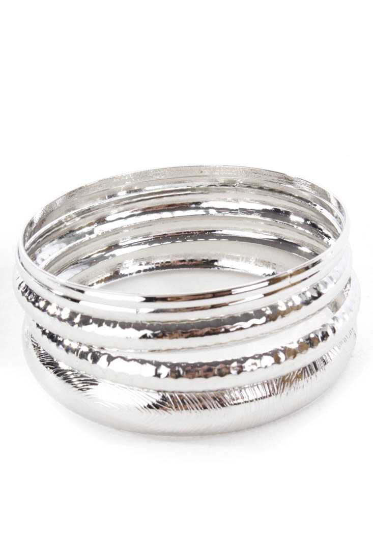 Silver Textured High Polish Metal Bangle Bracelets