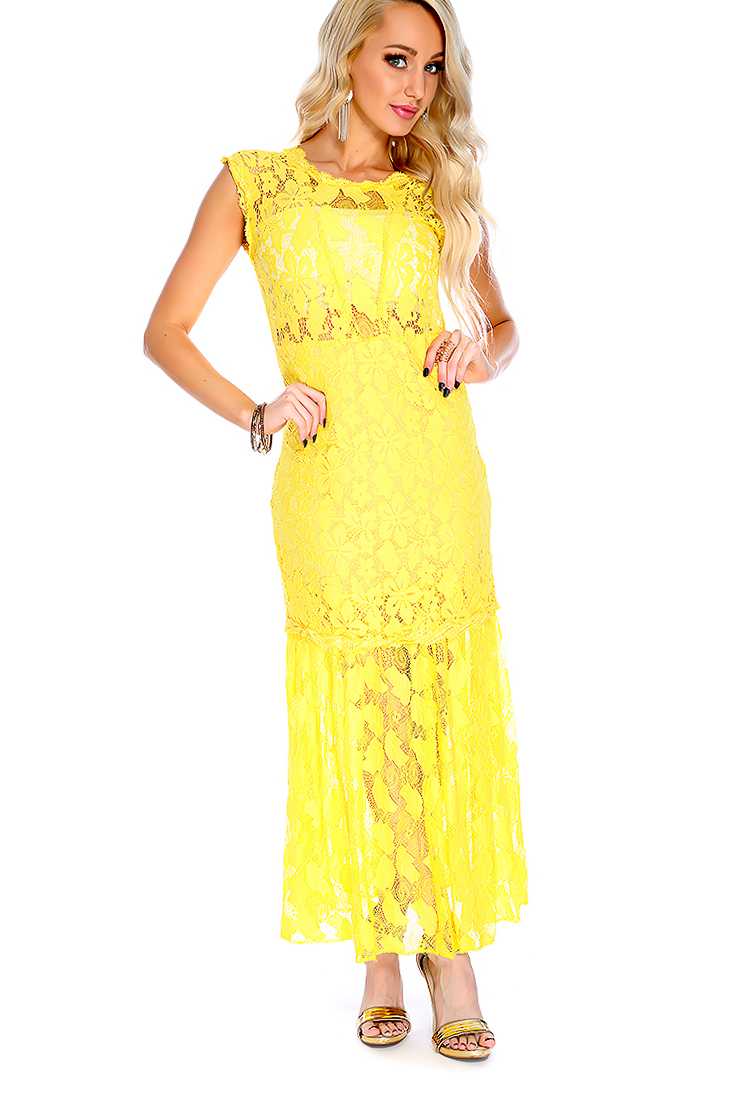 Sexy Yellow Floral Mesh Cut Out Maxi Dress