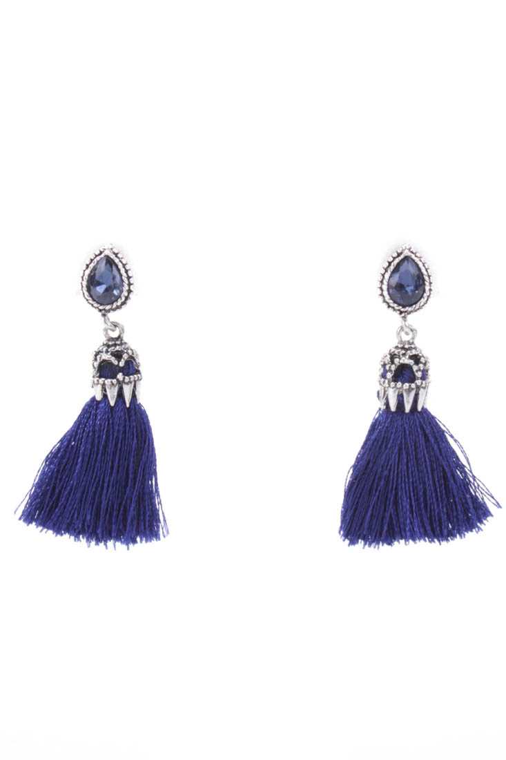 Navy High Polish Intricate Faceted Beaded Tassel Earrings