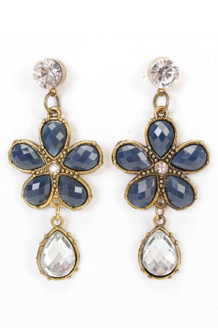 Blue Gold Faceted Beaded High Polish Metal Floral Earrings