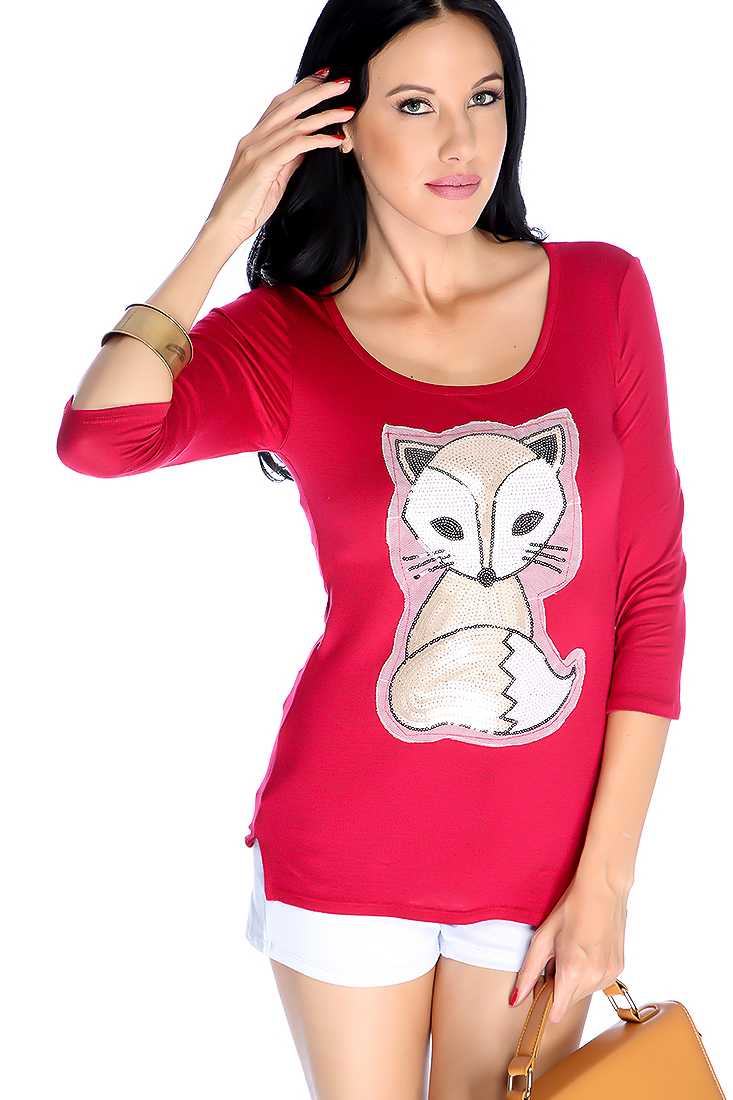 Stylish Wine Long Sleeve Sequence Fox Patch Shirt
