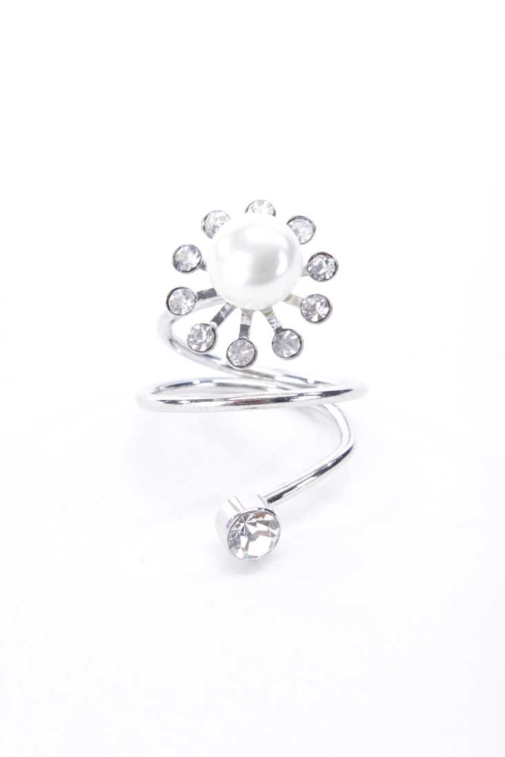 Silver High Polish Metal Rhinestone Accent Attached Ring