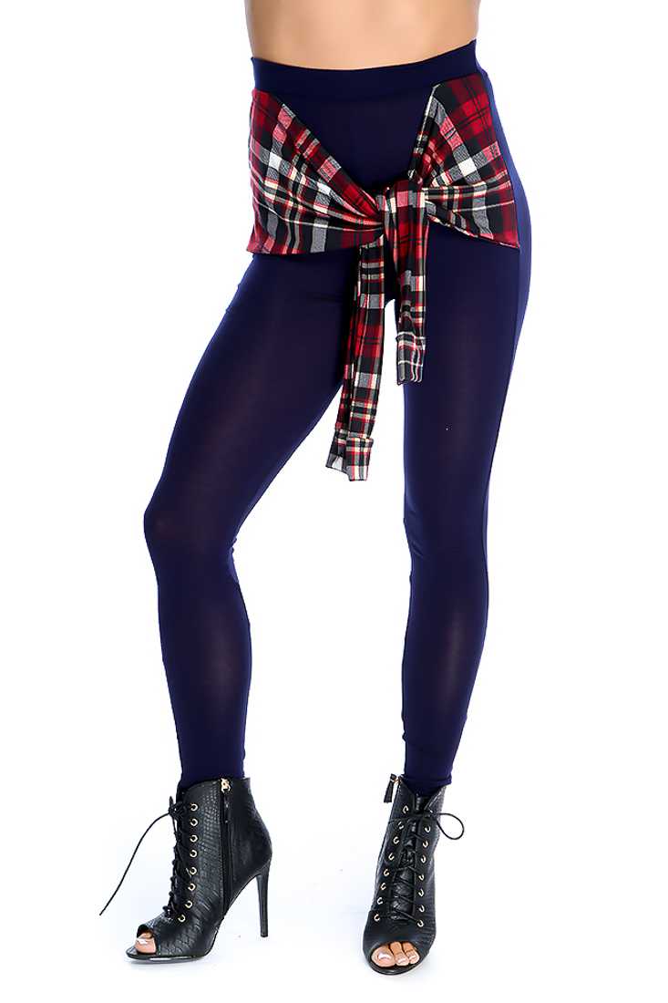 Navy Plaid Attached Tied Sleeves High Waist Leggings