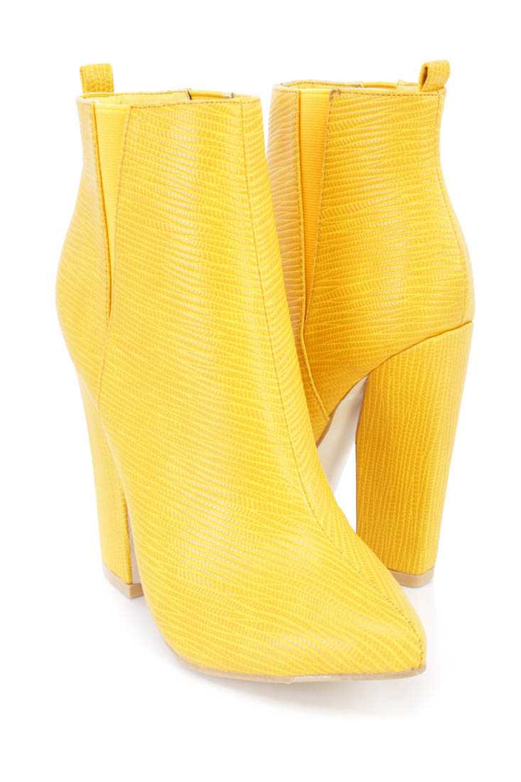 Mustard Snake Skin Textured Ankle Booties Faux Leather