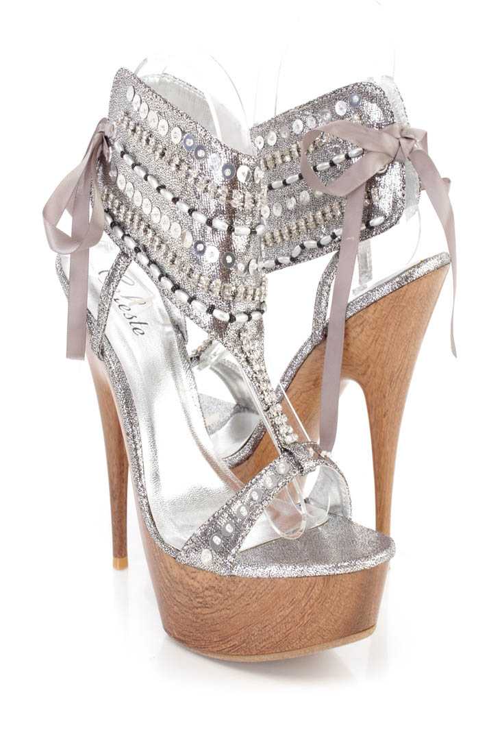 Silver Rhinestone Beaded 6 Inch High Heels Shimmer Fabric