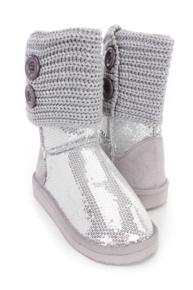Silver Knitted Cuff Slip On Casual Boots Sequin