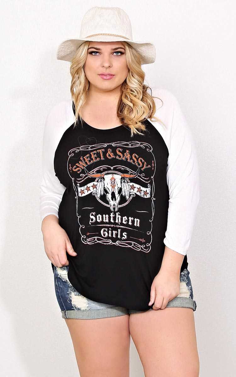 Plus Size Sweet & Sassy Baseball Tee - Black/White in Size 2X by Styles For Less