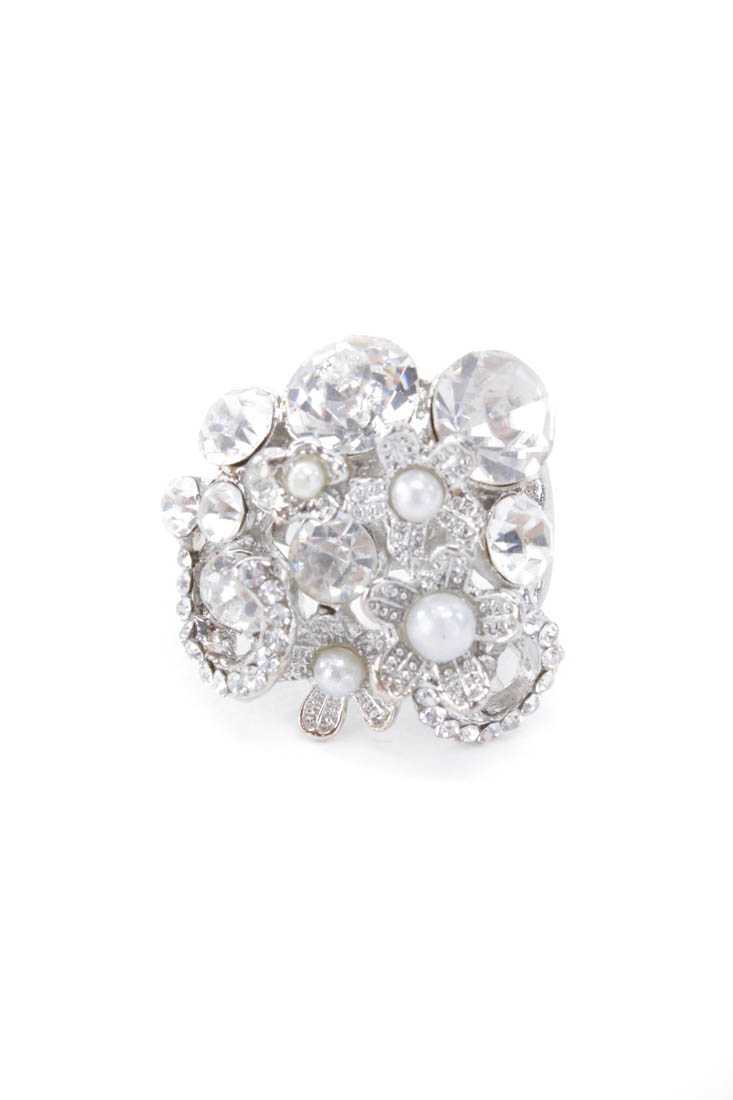 Silver Rhinestone Pearl Flower Detail Ring
