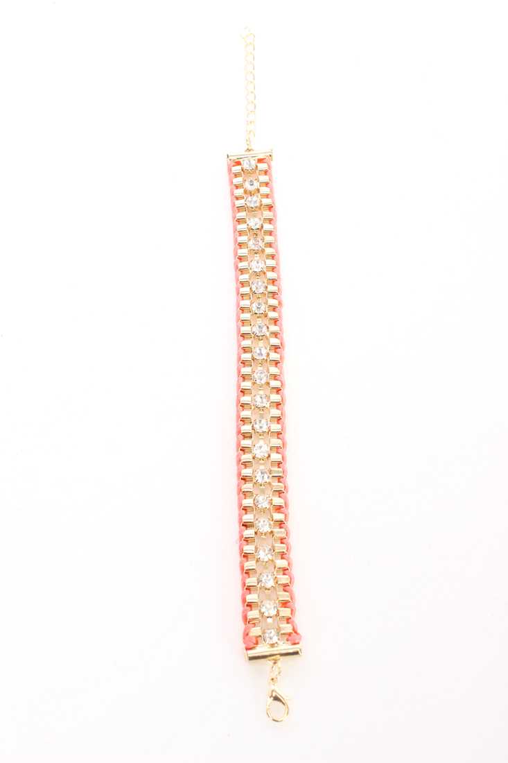 Coral Linked Braided Rope Rhinestone High Polish Bracelet