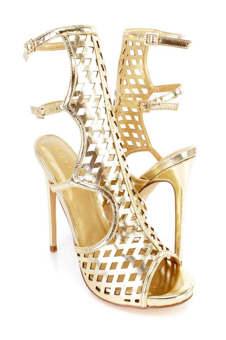 Gold Cut Out Strappy Single Sole High Heels Faux Leather
