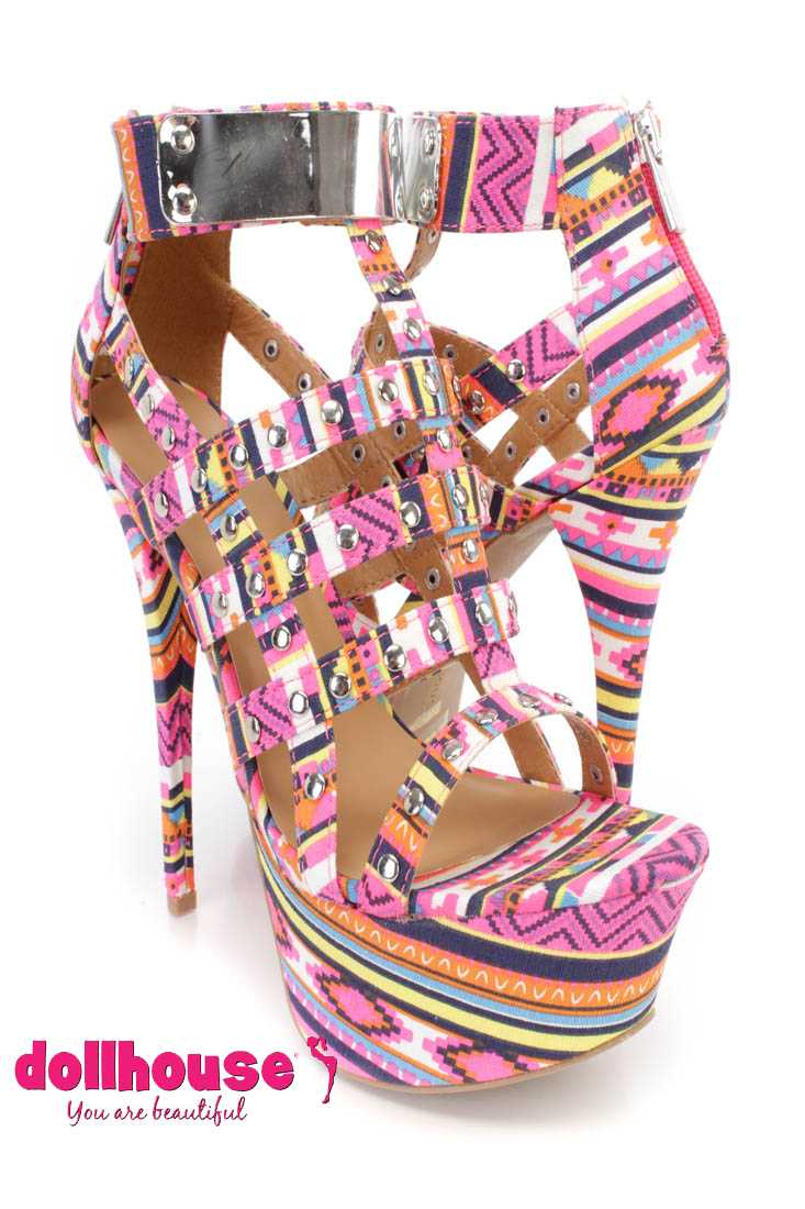 Pink Tribal Print Studded Strappy Cut Out Platforms Heels Faux Leather