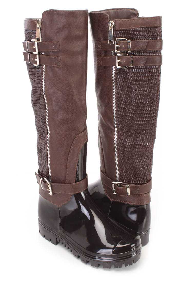 Brown Strappy PVC Rain Riding Boots Faux Leather