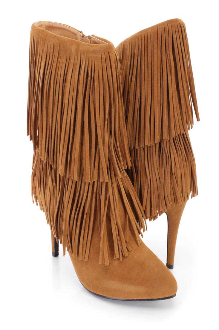 Camel Fringe Tiered Ankle Booties Faux Suede