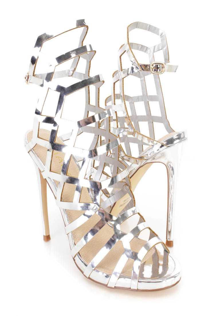 Silver Strappy Cut Out Single Sole High Heels Faux Leather