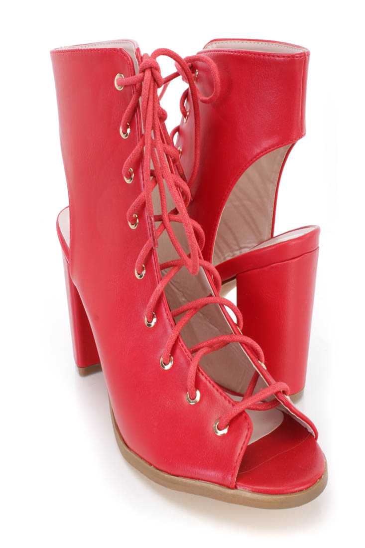 Red Lace Up Single Sole Booties Faux Leather