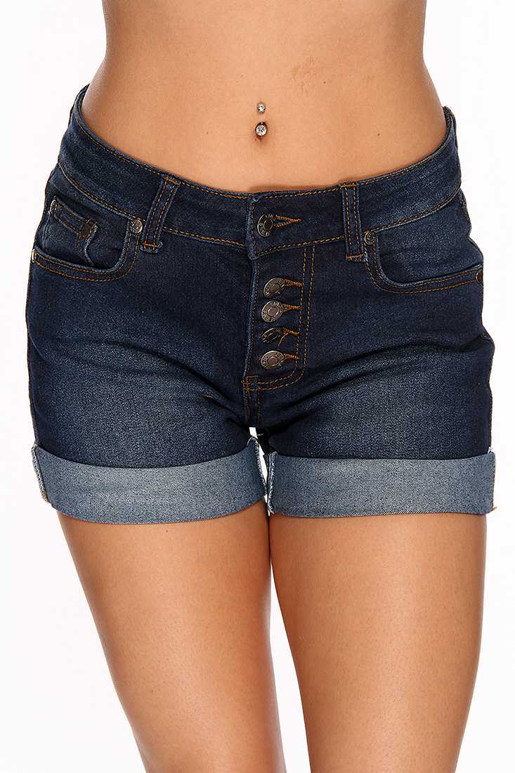 Dark Blue Denim Folded Hemline Pocketed Cute Summer Shorts