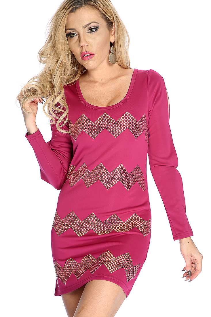 Sexy Magenta Chevron Studded Party Dress