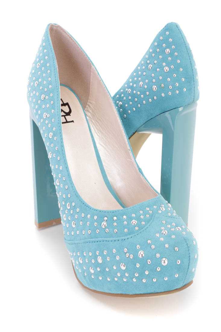 Mint Rhinestone Platform Pump High Heels Faux Suede
