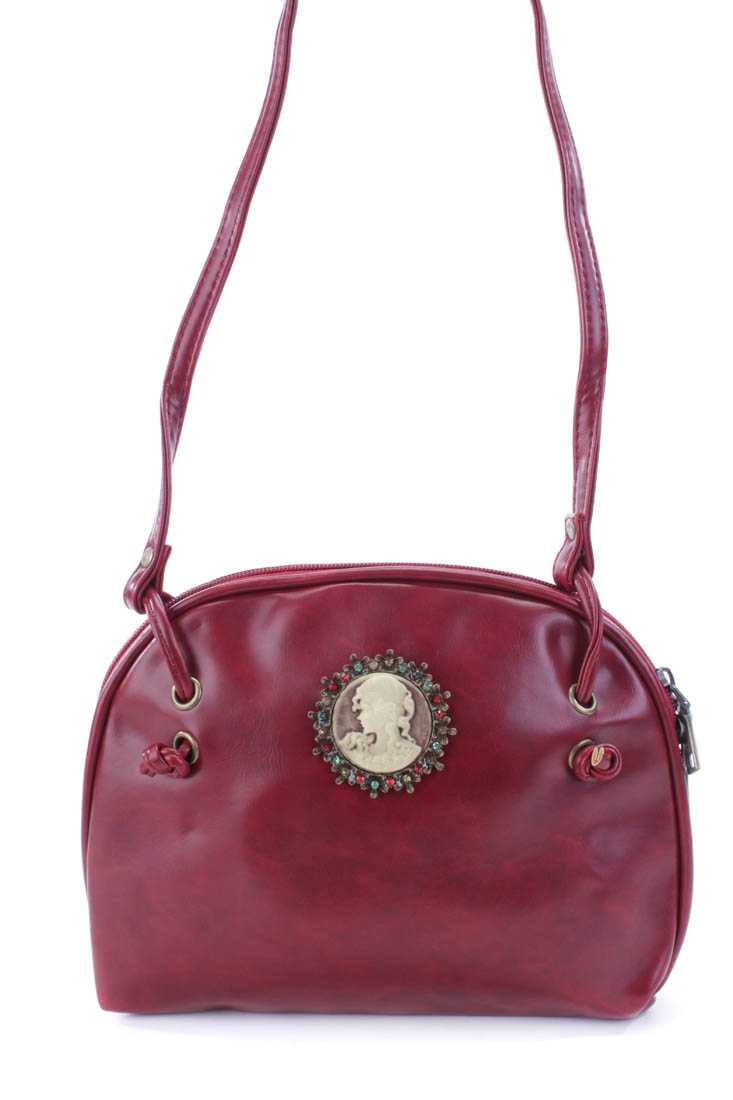 Wine Faux Leather Cameo Pendant Handbag
