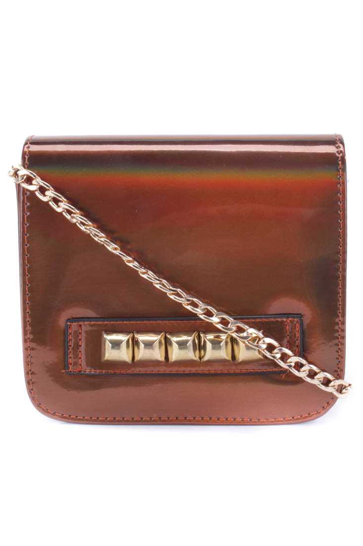Metallic Brown Patent Faux Leather Chain Strap Studded Handbag