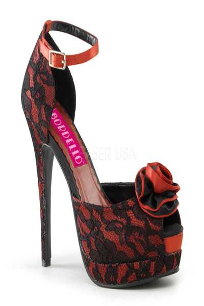 Red Black Satin Lace Overlay Floral Peep Toe High Heels