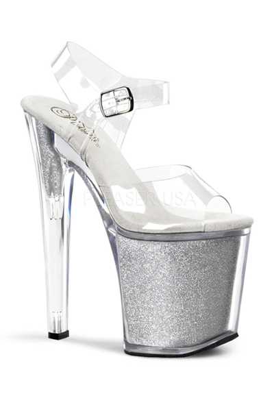 Clear Silver Strappy Glitter Platform High Heels