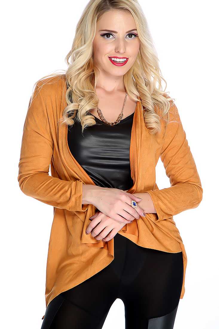 Camel Draped Open Front Long Sleeve Sweater