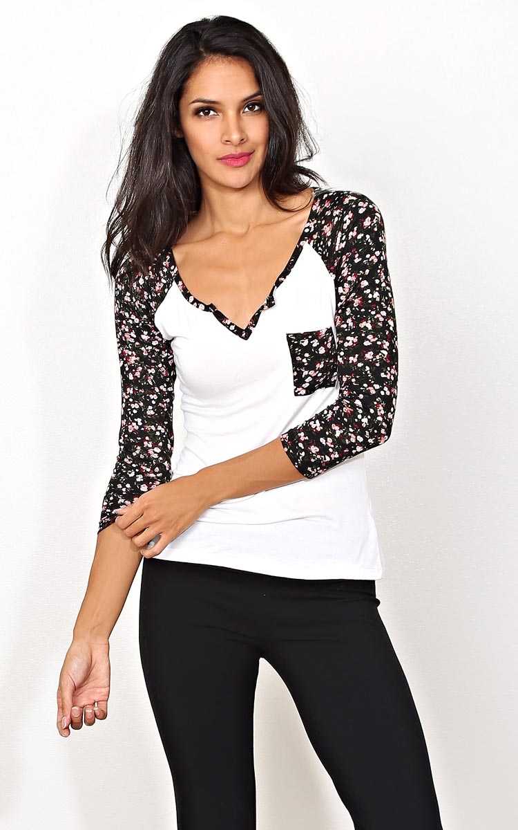 White Floral Henley Neck Raglan - LGE - White/Black in Size Large by Styles For Less