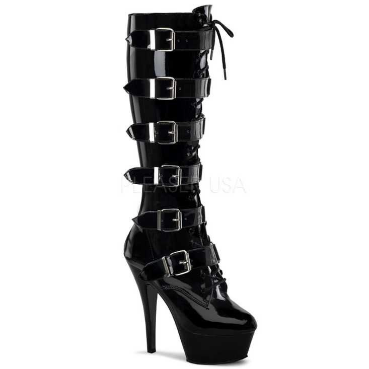 Black Patent Buckled Strappy Platform Boots