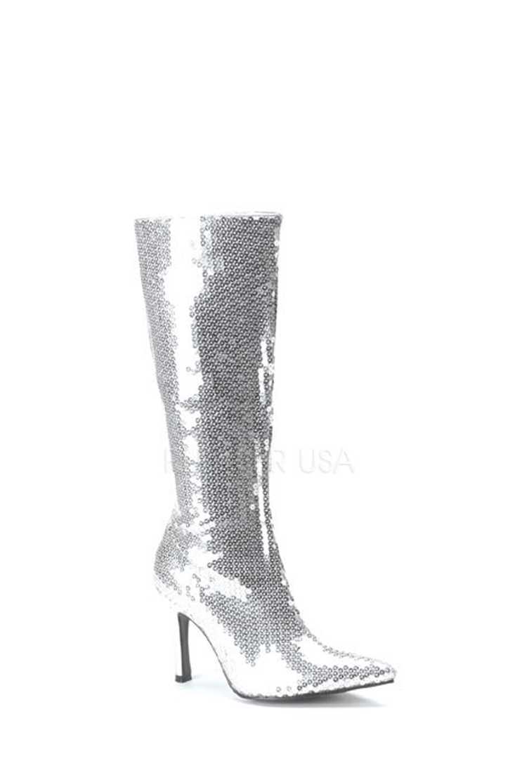Silver Pointed Toe Knee High Boots Sequins