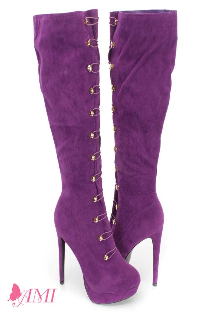 Purple Hook Loop High Heel Boots Faux Suede