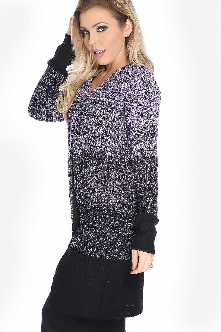 Lavender Black Gradient Knit Long Sleeve Open Front Cardigan
