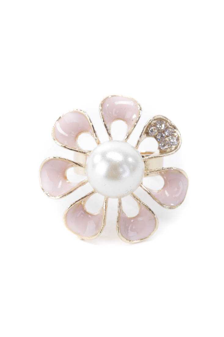Light Pink Floral Faux Pear Center Rhinestone Decor Ring