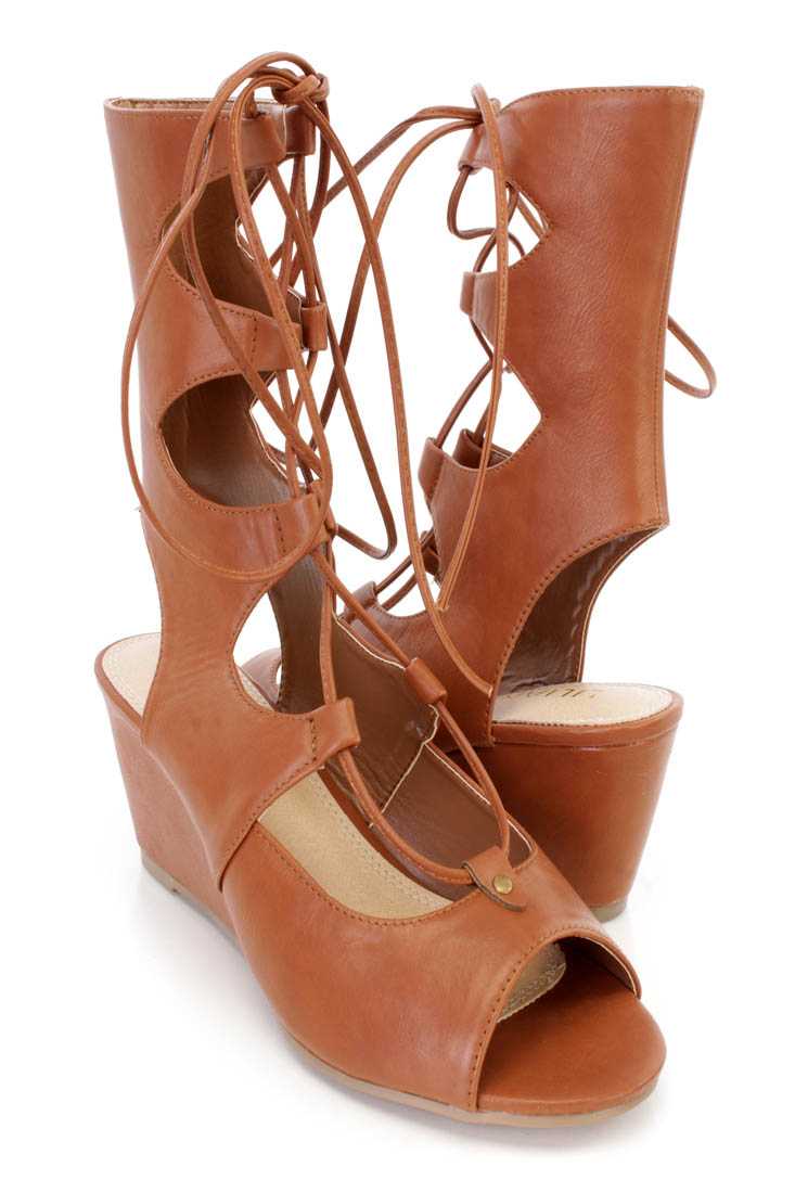Cognac Wrap Around String Tie Single Sole Sandal Wedges Faux Leather