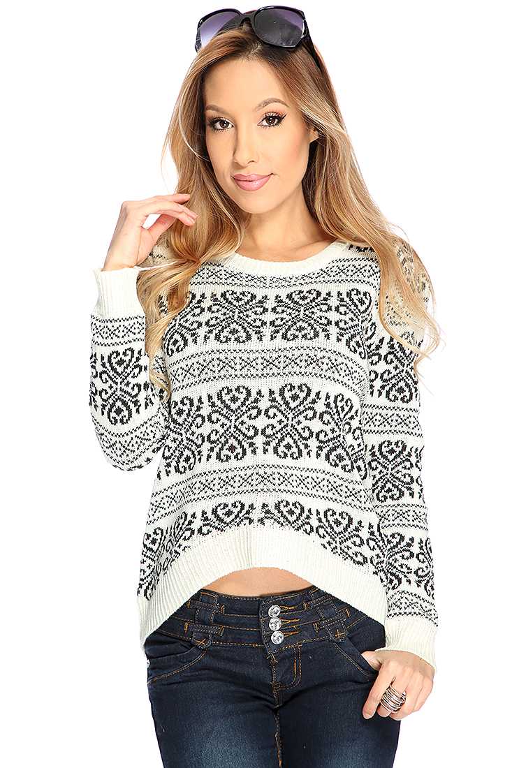 Ivory Printed High Low Hem Pull Over Sweater