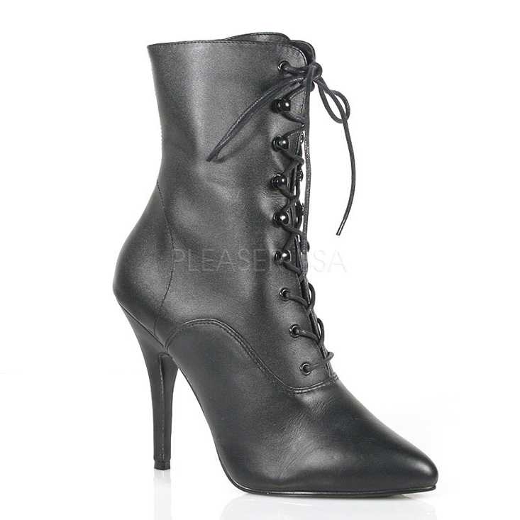 Black Lace Up Pointed Toe Booties Leather