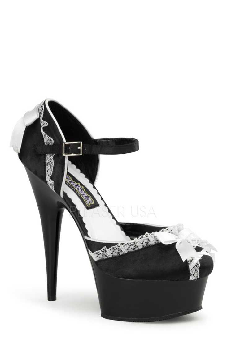 Black White Lace Trimmed Maid High Heels Satin