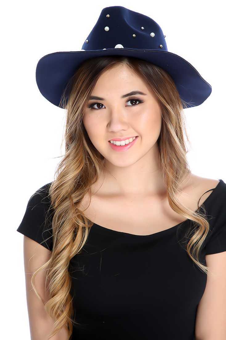 Navy Felt Faux Pearl Homburg Hat