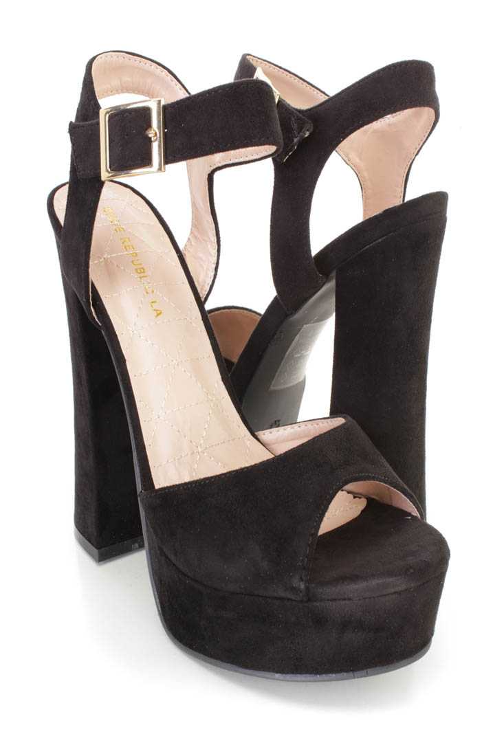 Black Peep Toe Platform Heels Faux Suede