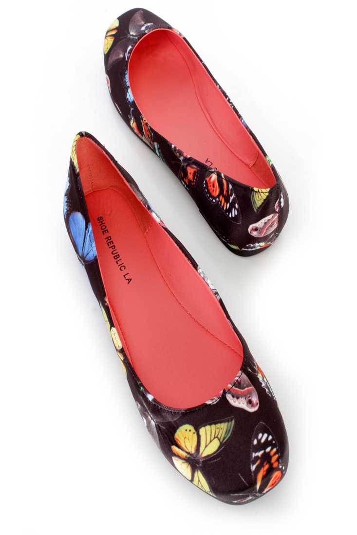 Black Butterfly Pattern Ballet Flats Satin