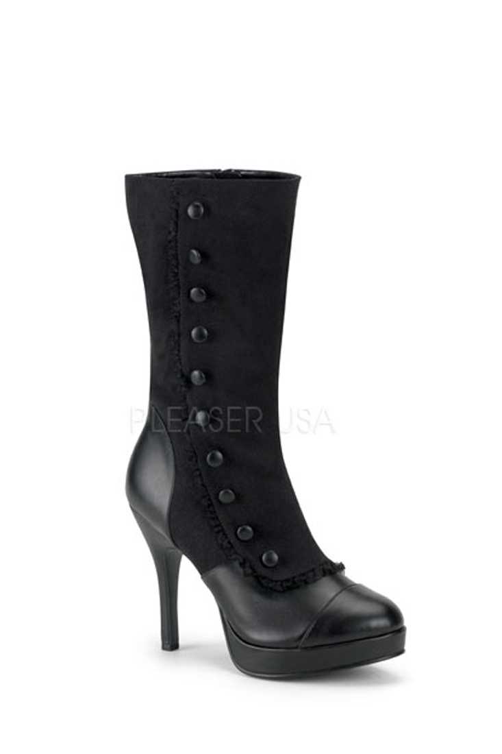 Black Ruffle Trimmed Button Boots Faux Suede