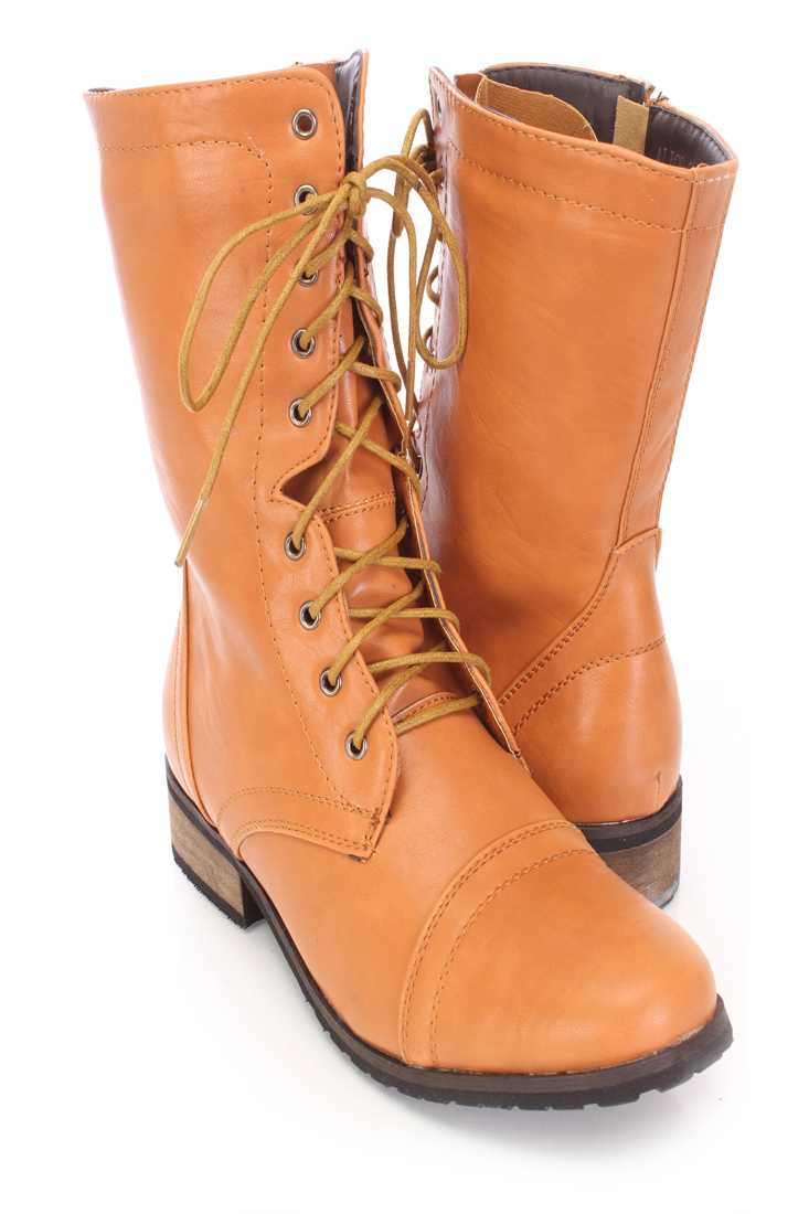 Tan Lace Up Combat Boots Faux Leather