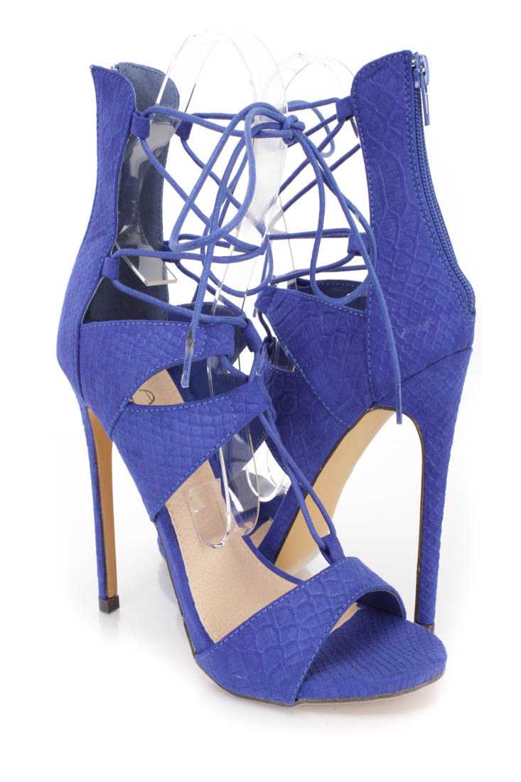 Blue Snake Skin Textured Single Sole High Heels Faux Suede