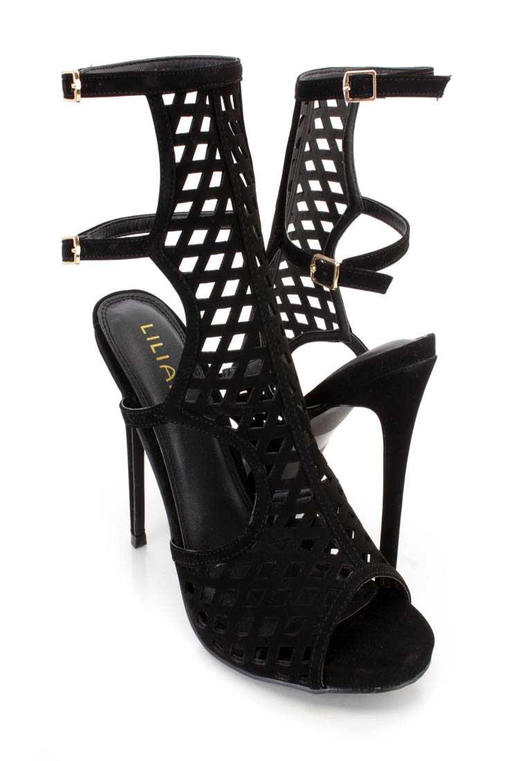 Black Cut Out Strappy Single Sole High Heels Nubuck